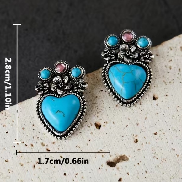Heart Turquoise, Lab Created, Vintage Look Silver tone Hippie, Tribal Earrings - Picture 3 of 5